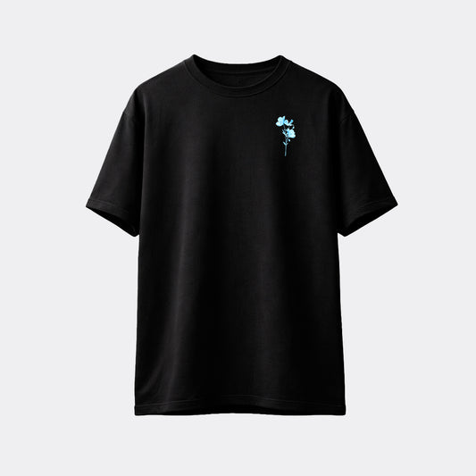 Abol Tabol Chill Oversized Black T-shirt – Flat Lay with Blue Flower Chest Print