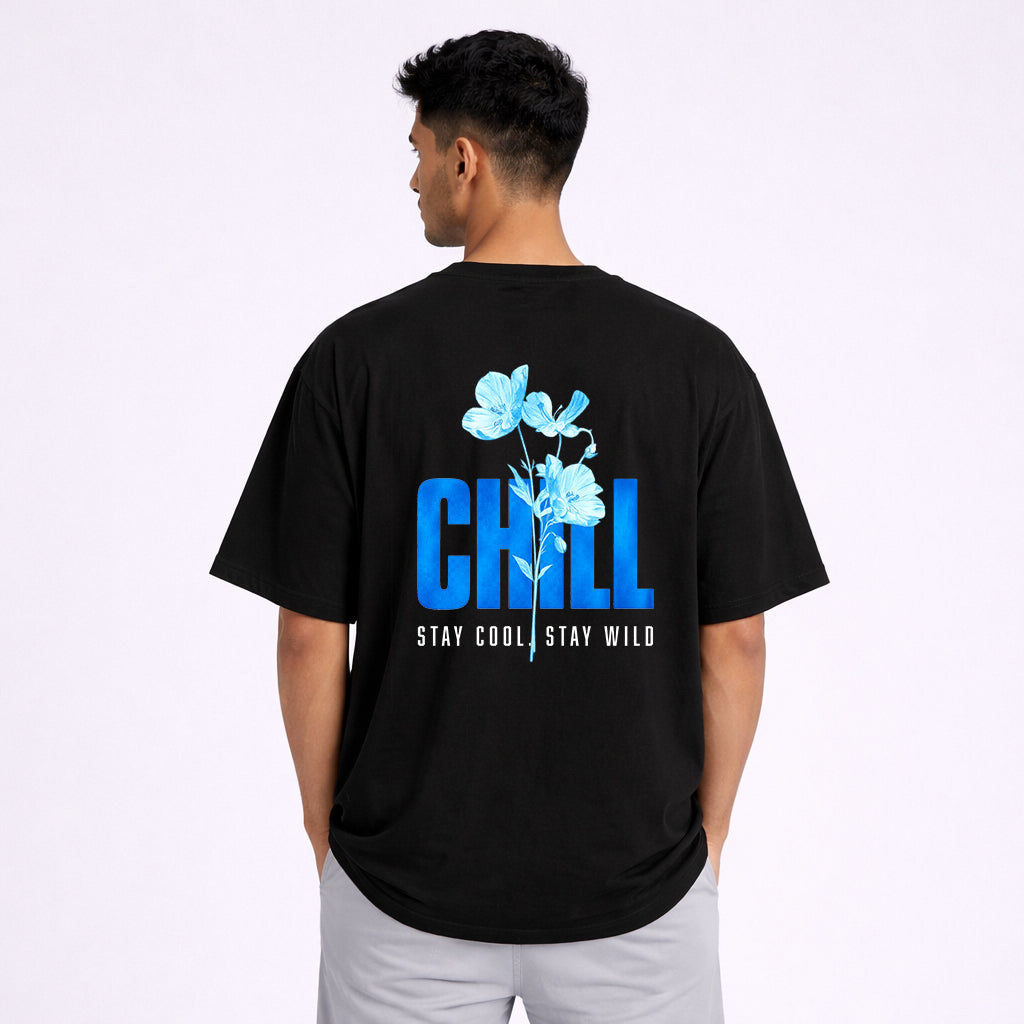 Abol Tabol Chill Oversized Black T-shirt – Back View with Blue Floral Print and Stay Cool Stay Wild Graphic