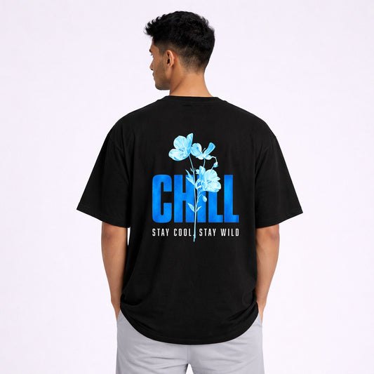 Abol Tabol Chill Oversized Black T-shirt – Back View with Blue Floral Print and Stay Cool Stay Wild Graphic