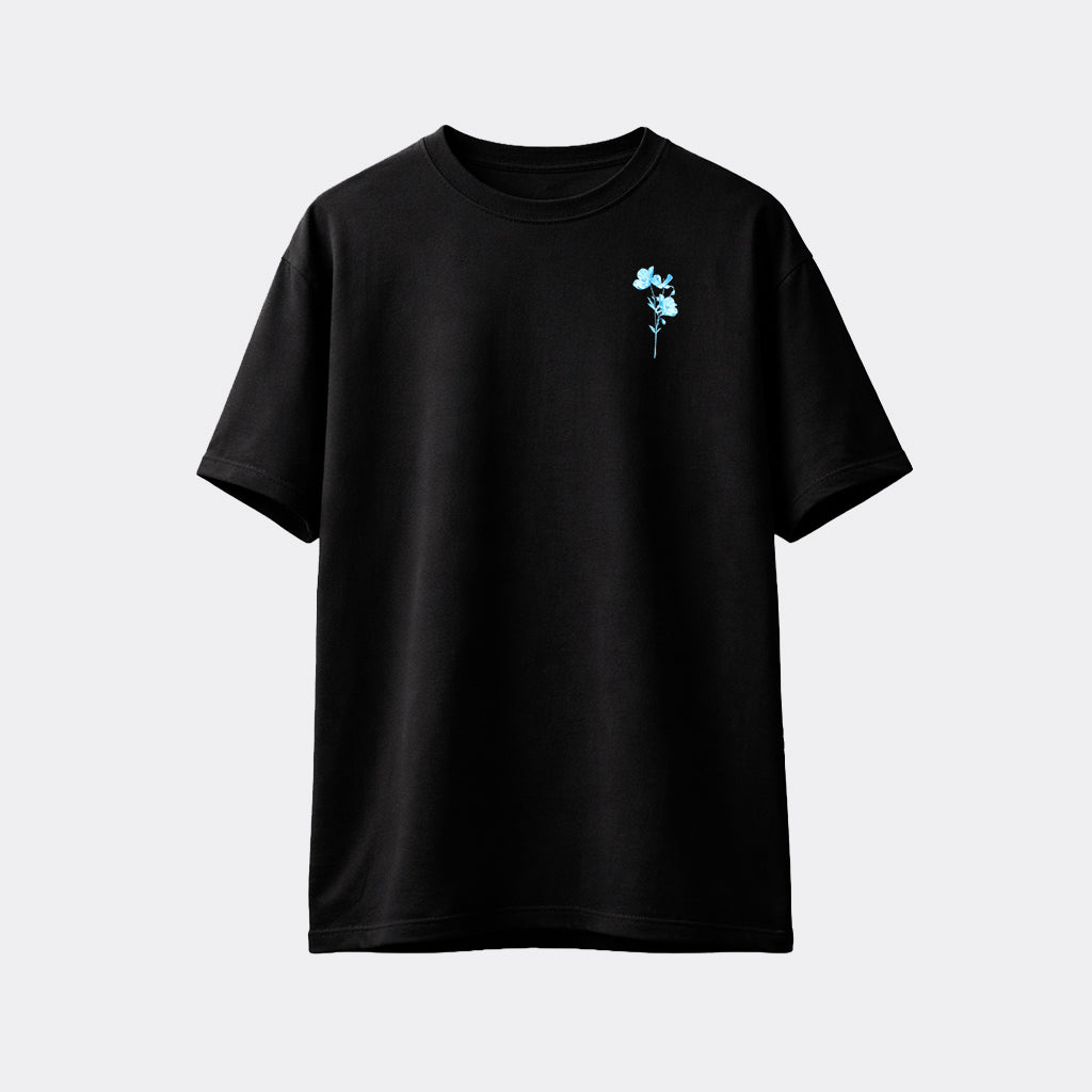 Abol Tabol Chill Oversized Black T-shirt – Flat Lay with Blue Flower Chest Print