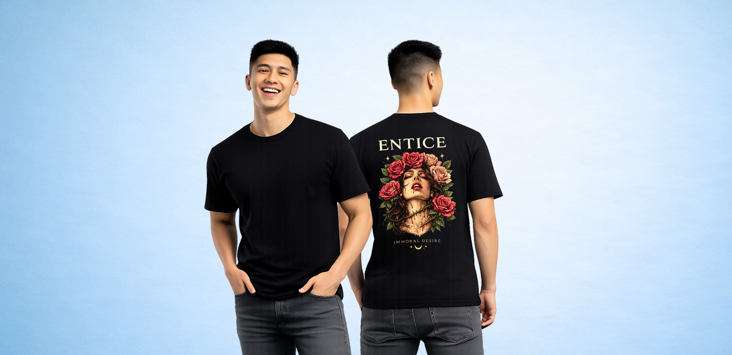 Black oversized t-shirt front and back mockup with graphic print on blue gradient background